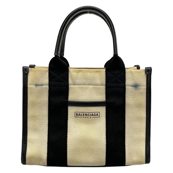 Auth BALENCIAGA Hardware XS Tote Bag 693662 Cream Black Canvas Leather - - Picture 1 of 12